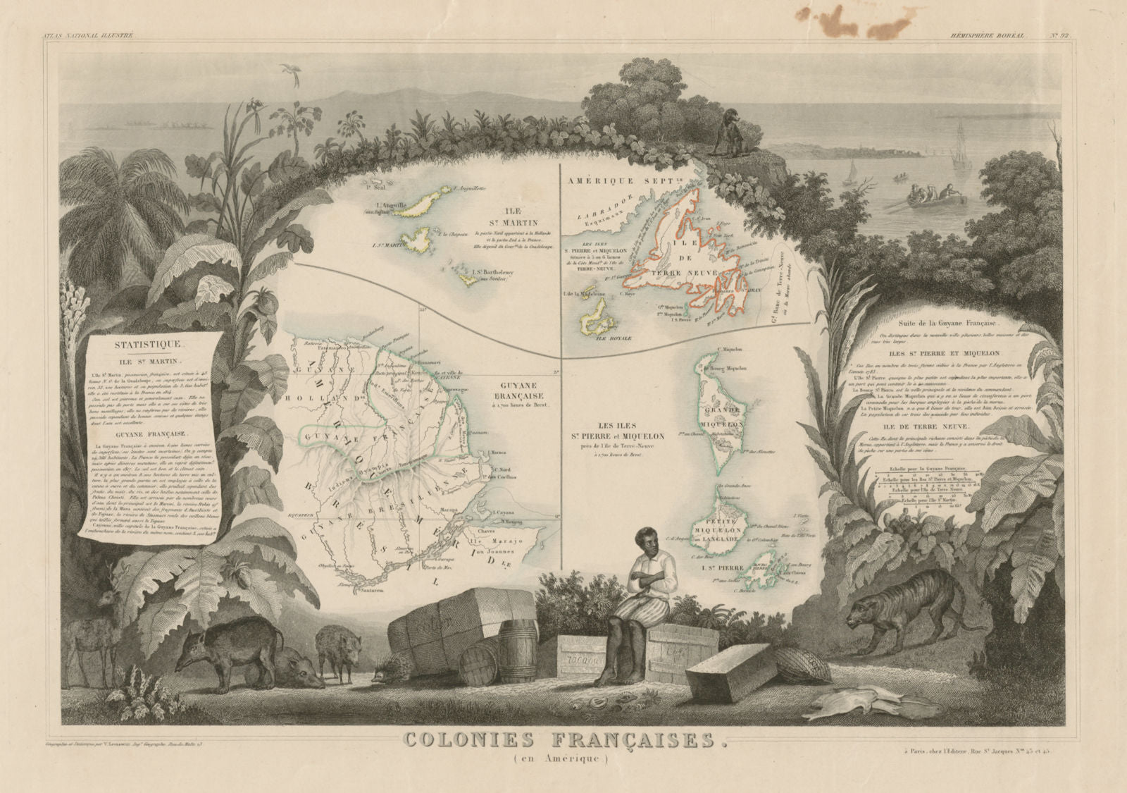 COLONIES FRANÇAISES AMÉRIQUE. Guyane Newfoundland Miquelon. LEVASSEUR c1854 map